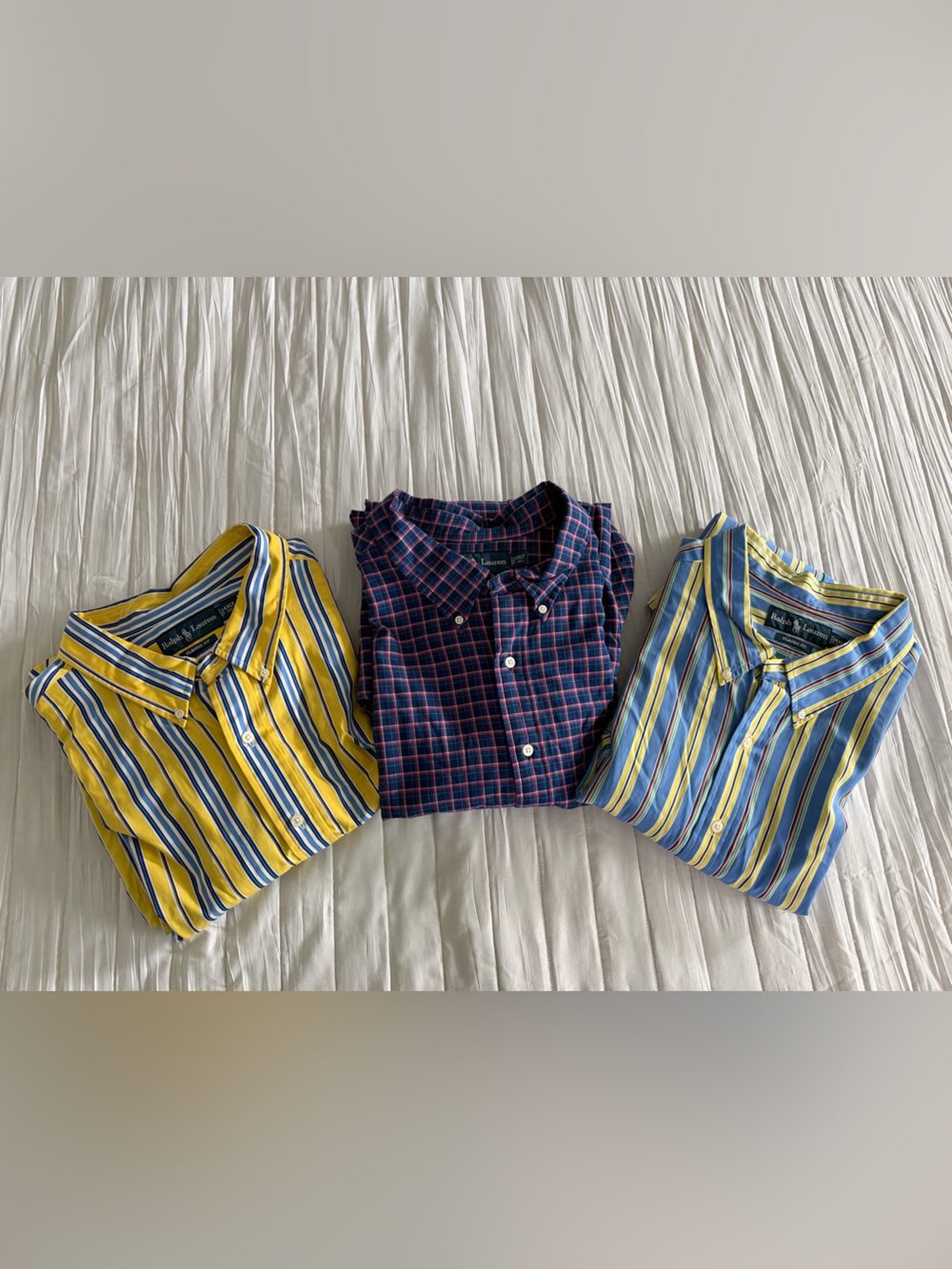 Ralph Lauren Yellow & Blue Striped, Navy Plaid Men’s Shirt Trio